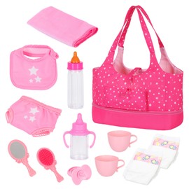 ECORELF Baby Doll Accessorie, 13 Pcs Doll Stuff Acessories Storage Diaper Bag Set for 14-18 Inch Dolls, Feeding and Caring Set Includes Diaper, Bottle etc Suitable Pretend Play