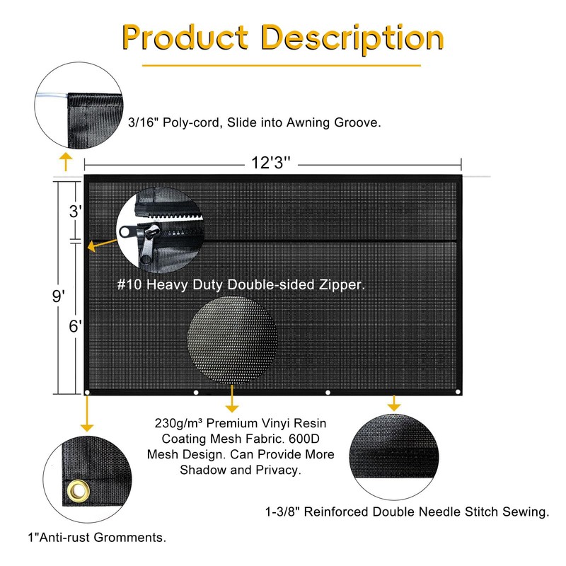 RV Awning Shade Screen with Zipper 9'X12'3'' - Black Mesh