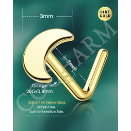 COCHARM 14k Solid Gold Moon Nose Stud for Women Gold 20g L Shape Nose Rings Stud Yellow Gold Nose Piercing Stud Real Gold Nostril Nose Stud 20 Gauge Nose Stud
