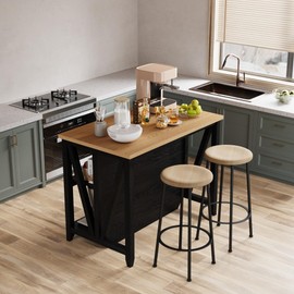 IDEALHOUSE Large Kitchen Island with Storage, Dining Table Set with Power Outlet & LED Lights, 47.2" Coffee Bar Table with 3 Tier Microwave Stand Oven Shelf, for Dining Room Living Room - Black