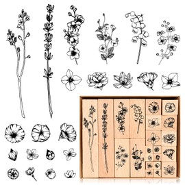 22 Piece Wooden Stamp Set, Vintage Wooden Stamp Flowers and Leaves Stamp, Plants Flowers Grasses Wooden Stamp for Crafts, Stamp Wood with Natural Plant Patterns for DIY Scrapbooks Diaries Crafts