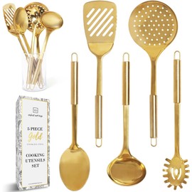 Gold Cooking Utensils Set – 5-Piece Stainless Steel Kitchen Tools for Modern Cooking and Serving – Dishwasher Safe Ladle, Spoon, Spatula, Pasta Fork, Luxury Brass Kitchen Accessories for Home Chefs