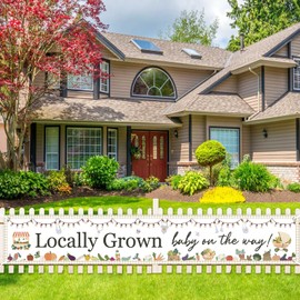 Jollyboom Locally Grown Baby on The Way Banner Farmers Market Theme Yard Banner Sign 118.11x19.69inches with Vegetable Garden Design for Farm Fruit Theme Baby Shower Decorations Welcome Baby Party