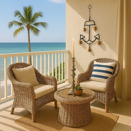 Nautical Anchor Wind Chime with 7 Rustic Copper Cow Bells, Black Metal Frame, Vintage Maritime Outdoor Decor, 17" x 10"