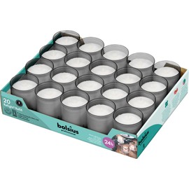 BOLSIUS 24 Hour Votive Candles - 20 Pack Church Candles in Grey Unbreakable Plastic Cups - Premium European Quality - Unscented Smooth and Smokeless Gray Relight Candles