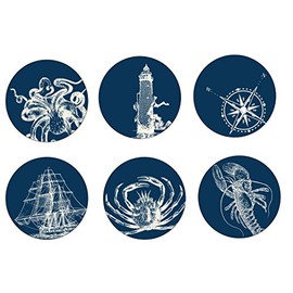 Nautical Navy Octopus Compass Ship Crab Lobster Lighthouse Trendy Beach Paper Coasters Pack of 6