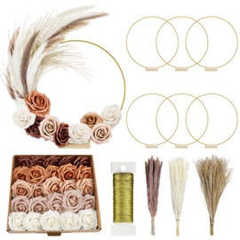 Dingion 6 Sets 93 Pcs Metal Hoop Pampas Table Centerpieces 12 Inch Floral Hoop with Stand Faux Flowers Dried Boho Decor with Paddle Wire for Wedding Baby Shower Birthday Party(Caramel)