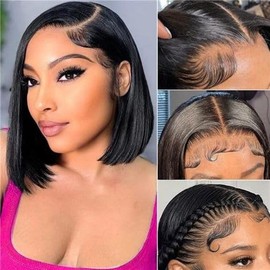 TOOCCI Short Bob Human Hair Wig for Women,Straight 13x4 Lace Front Wigs Human Hair,Brazilian Real Hair Lace Frontal Glueless Wig 150% Density Pre Plucked Natural Hairline 10"