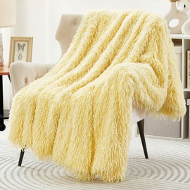 DREAMNINE Decorative 850GSM Thick Fluffy Feather Faux Fur Throw Blanket for Couch 50" x 60", Soft Cute Long Hair Shaggy Fuzzy Blankets, Reversible Warm Winter Cozy Furry Blanket for Valentine, Yellow