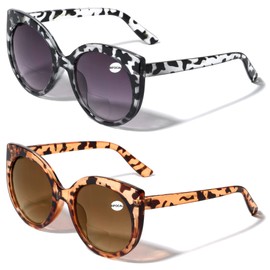 V.W.E. 2 Pairs Women Bifocal Reading Sunglasses Reader Glasses Gradient Tinted Lens Vintage Round Cateye (1 Grey Leopard 1 Brown Leopard, 2.25)