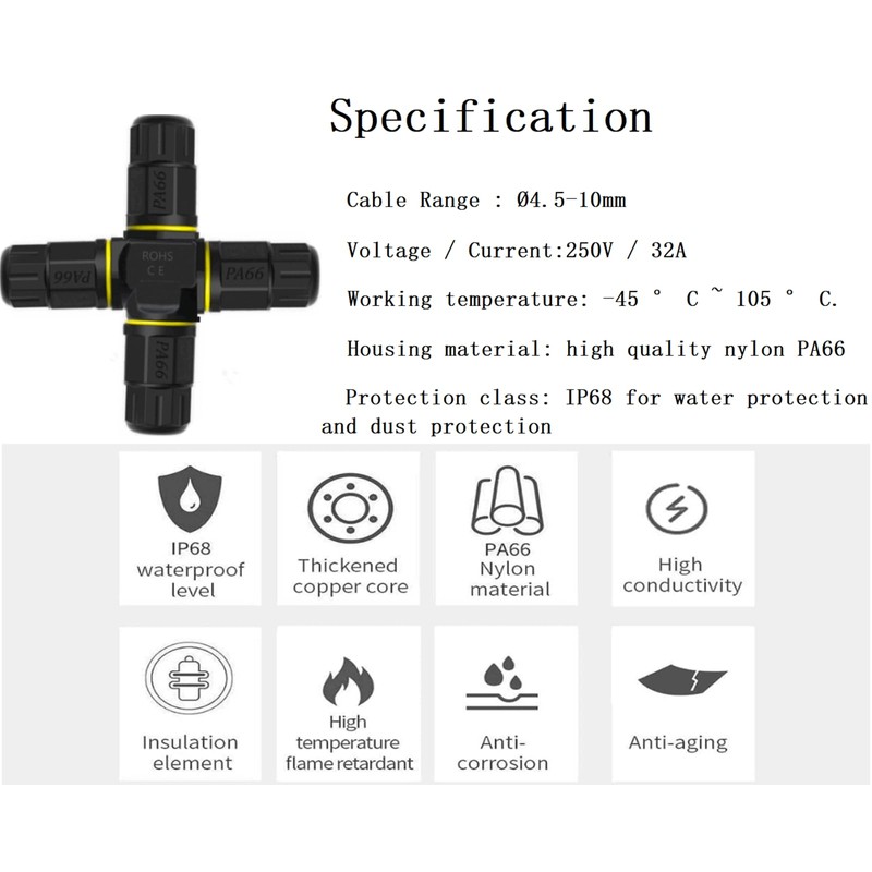 4 Way 3pin Junction Box IP68 Waterproof Power Cable Connector