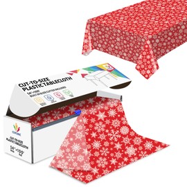 CXPSINC 54 Inch X 100 Feet Plastic Table Cover Roll Disposable Tablecloth with Slide Cutter for All Type/Shape Tables | Picnic, Party, Banquet, Birthdays, Weddings (Christmas Red Snowflake, 100 Feet)