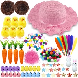 Chennyfun Pink Easter Bonnet Hat with Ribbon, Make Your Own Surprise Easter Bonnet, Easter Bonnet Decorations Kit with Colorful Eggs, Easter Chicks, Carrot, Easter Gift for Kids