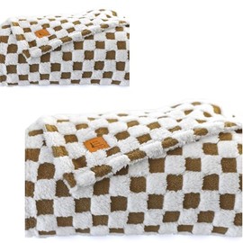 WOLF CREEK BLANKET- 2Ct Camel & White Sherpa Fleece Throw. Checkered Throw Blanket for Women, Girls, & Couch. Beautiful Soft Cozy & Stylish 50 x 65 inches.
