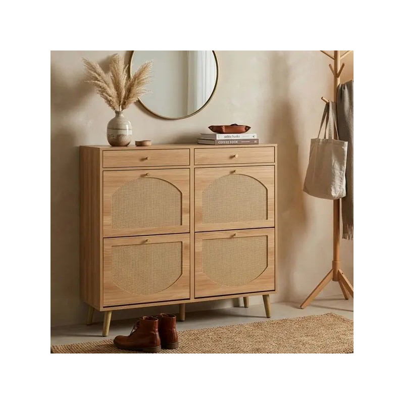 Rattan Front Shoe Cabinet 2 Drawers 4 Flip Compartments 105*24*110cm