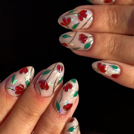 TBRZTR Flower Press on Nails Medium Almond Shaped Red Floral Pattern Design Full Cover Glossy Almond False Nail Reusable Artificial Acrylic Nail DIY Press Ons Stick on Nails for Women 24Pcs