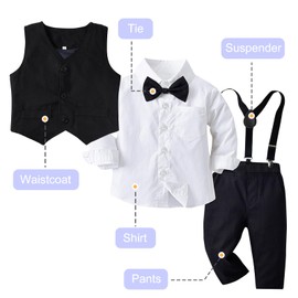 Toddler Baby Boy Clothes Suit 5Pcs Gentleman Wedding Party Outfits，Formal DressShirt+Bowtie+Vest+Suspender Pants,12M-5T White and Black