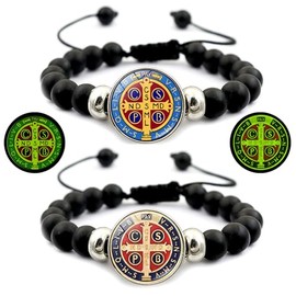 MESARCH 2Pcs Catholic Glow in The Dark Medalla de San Benito Bracelet Black Rosary Bracelet Adjustable Drawstring Religious Gifts for Men Women Couples Jewelry (Luminous)