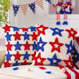 FuWeave 2 Pcs 4th of July Embroidery Pillow Covers 18 x 18 Inch Patriotic Independence Day Pillowcases Red Blue Stars Throw Pillow Covers Soft Fourth of July Throw Pillowcases for Sofa