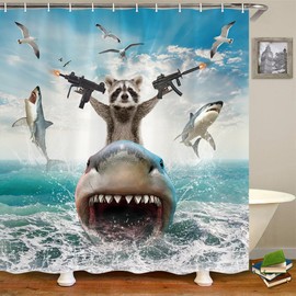 TOMOZ Funny Animal Shower Curtain, Cool Raccoon Riding Shark Theme Ocean Shower Curtain for Bathroom, Fun Nautical Kids Children Fabric Bath Curtain with 12 Hooks 69 x 70Inch