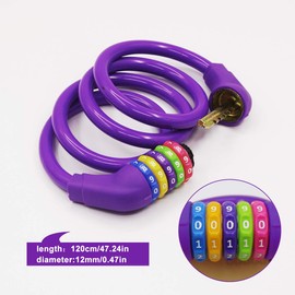 IDEALUX Bike Lock Cable, Resettable Cable Lock Self Coiling 5 Digit Combination Bike Lock 4 Feet 120CM (Purple)