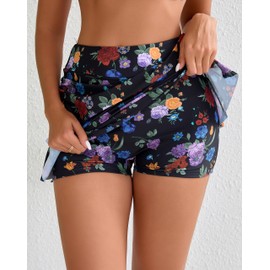 Halcurt Women's High Waisted Ruched Ruffle Swim Skirts with Short Tummy Control Bikini Bottoms Swimsuit Black Floral S