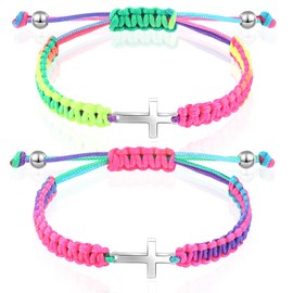 Sureio 2 Pcs Cross Friendship Bracelet Adjustable Braided Rope Jesus Christian Cross Bracelets Matching Couple String Lucky Strand BFF Wristband for Women Men Boy Girls Easter Baptism (Rainbow)