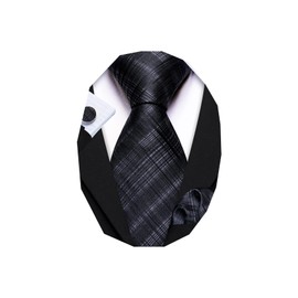 Barry.Wang Plaid Ties Check Mens Necktie Set with Handkerchief Cufflinks Classic Stripe Black and Grey