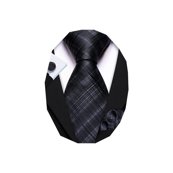 Barry.Wang Plaid Ties Check Mens Necktie Set with Handkerchief Cufflinks