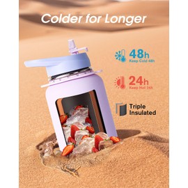 Coolflask Water Bottle with Straw, 32 oz Insulated Metal Water Flask with Straw & Spout Lids, Stainless Steel Double Wall Vacuum, Keep Cold 48h Hot 24h, Leak Proof & Non-BPA, Lavender