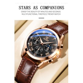 OLEVS Men Watch Leather Strap Moon Phase Casual Classic Analog Quartz Calendar 3ATM Waterproof Luminous Men Wrist Watches
