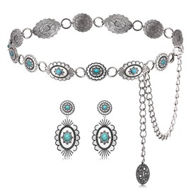 Western Concho Chain Belt -Anique Metal Cowgirl Turquoise Adjustable Dresses Wrist Chain Belt for Country Concert Outfit (western chain belt A)