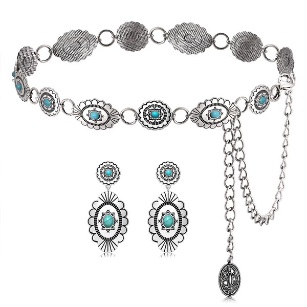 Western Concho Chain Belt -Anique Metal Cowgirl Turquoise Adjustable Dresses