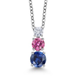 Gem Stone King Rhodium Plated 3 Stone Pendant for Women & Chain Created Sapphire Pink