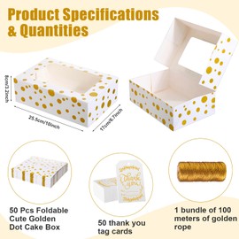 Jutom 50 Pack Gold Dot Cookie Boxes for gift giving Bakery Boxes with Window 10 x 6.7 x 3.2 in Treat Boxes Dessert Box with Thank You Tags Rope for Birthday Wedding Party Holiday(White)