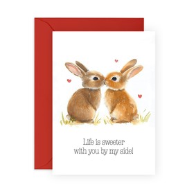 Thoughtful Love Card – “Life is Sweeter” – Cute Love Greeting Card for Anniversary, Valentine’s Day - Ideal for Partners, Babe, Him, Her, Boyfriend, Girlfriend, Hun -Bunny Couple-Comes with Stickers
