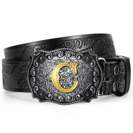 UpFind Western Cowboy Leather Belt Men Women, Gold Initial Letter C Buckle Embossed Belt for Jeans, Black, For Waist Size 39”-43”