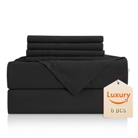 Luxury Silky Soft Bed Sheet Set, 6 Piece,Queen Size, Fits 16 inch Deep Pocket Mattresses, Wrinkle Free & Breathable Cooling, Black Bedding Sheets (Fitted Sheet, Flat Sheet, Pillowcases)