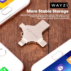 Wayzu 4-in-1 USB Flash Drive, Multi-Device Compatible, Type-C/Lightning/Micro-USB/USB-A, Portable Storage Device, Silver (64GB)
