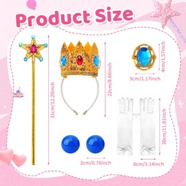 6Pcs Pink Peach Princess Costume for Girls, Pink Princess Peach Fancy Dress Super Bros Princess Dress with Crown Headband Gloves Earrings Ring Wand for Cosplay Birthday Party World Book Day Carnival