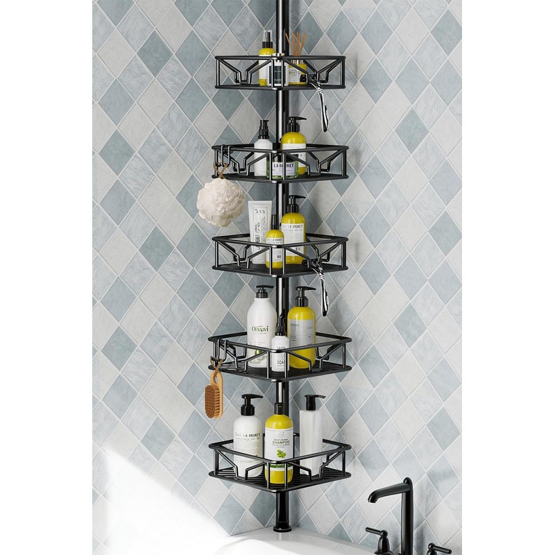 Skycarper 5 Tier Adjustable Corner Shower Caddy Organizer with Hooks,Rustproof