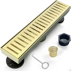 12 Inch Linear Shower Drain Bathroom Kitchen Golden Floor Drain Removable Capsule Pattern Cover Accessories Shower Drain 304 Stainless Steel Drain with Hair Strainer Adjustable Leveling Feet