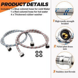 Beaquicy 4 Ft Washing Machine Hoses Burst Proof Braided Stainless Steel - Fit for ALL Washers - Red and Blue Washer Hoses(2 Packs) - 10 YEARS WARRANTY