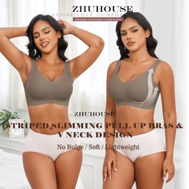 ZHUHOUSE Bra for Women without Underwire, Seamless Comfortable Bralette, Push Up with Deep V-Neck, Classic Bra, A01 Coffee