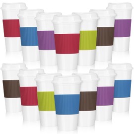 FillTouch 15 Pieces Reusable Coffee Cups with Lids and Non Slip Sleeves, 16 oz Insulated Reusable Hot Cups Bulk Travel Coffee Mugs Plastic Tumblers Cup with Lids for Hot Cold Drinks(Bright Color)