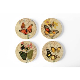 4 Absorbent Ceramic Drink Coasters with Cork Back, Artist Designed, 4” Circle Coaster Set, Protects Tabletop, Great Housewarming Gift (Vintage Orange Butterfly)