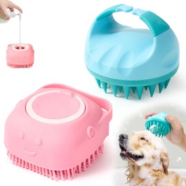 Pet Grooming Brush with Shampoo Dispenser, Soft Silicone Bath Scrubber for Dogs, Cats, and Puppies – Gentle Cleaning and Massaging Tool, Ideal for Small Pets, Easy to Use & Clean, Pink/Blue