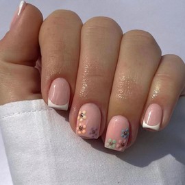 Press on Nails Short White French Tip Fake Nails Square False Nails with Flower Designs Glossy Acrylic Nails Full Cover Glue on Nails Cute Nude Stick on Nails for Women, 24Pcs