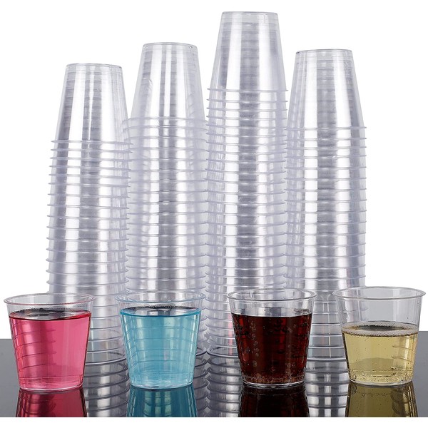 Zcaukya 100 Shot Glasses, 1oz Clear Plastic Disposable Hard Cups, Mini Cups Great Container for Sauce, Sample Tasting, Jello Shots, Pudding