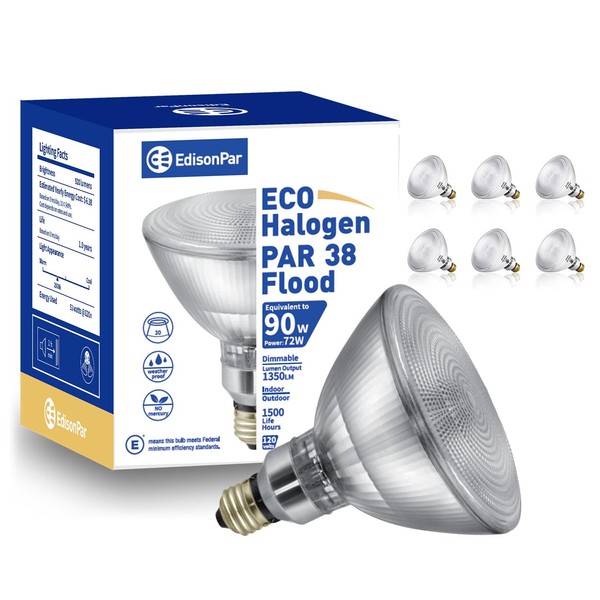 EdisonPar PAR38 ECO Halogen Bulb 6 Pack 90W Equivalent, 25° Flood Light Dimmable E26 Base, 2900K 1350lm CRI100 120V Indoor Outdoor